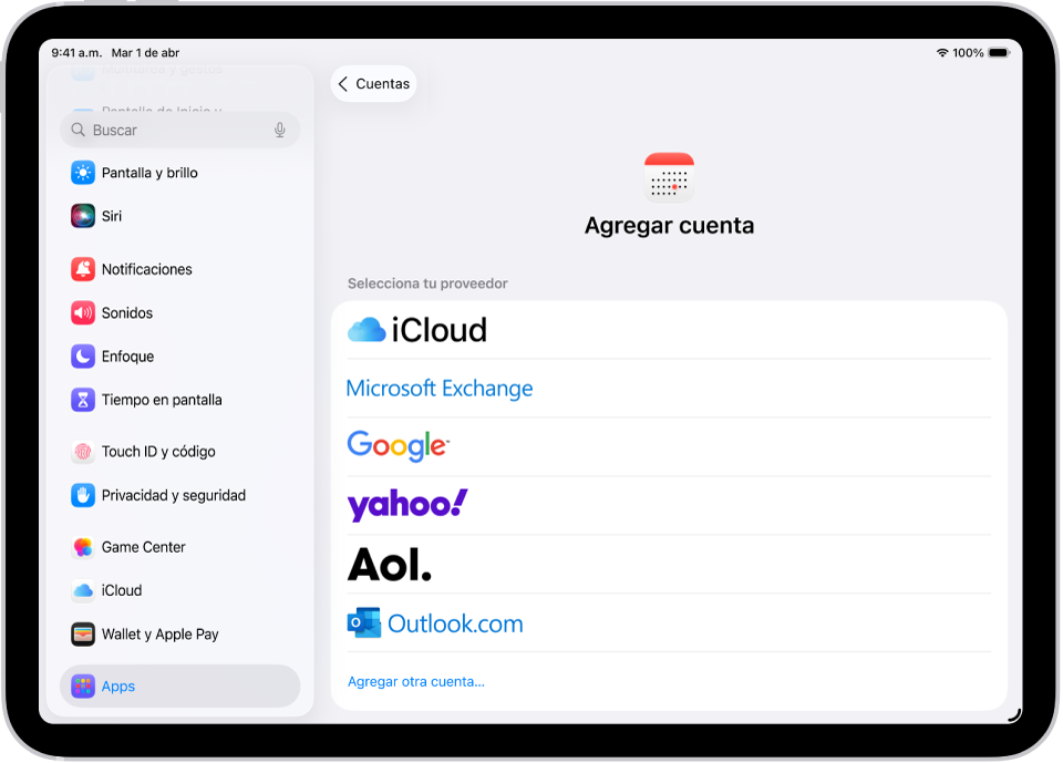 La configuración para agregar una cuenta de calendario que muestra diferentes servicios de calendario.