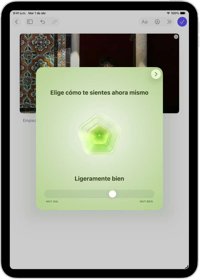 Una pantalla en la app Diario que muestra un recuadro donde puedes registrar tu estado de ánimo.