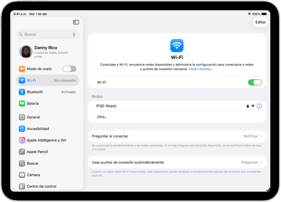La pantalla Configuración muestra las redes Wi-Fi disponibles.