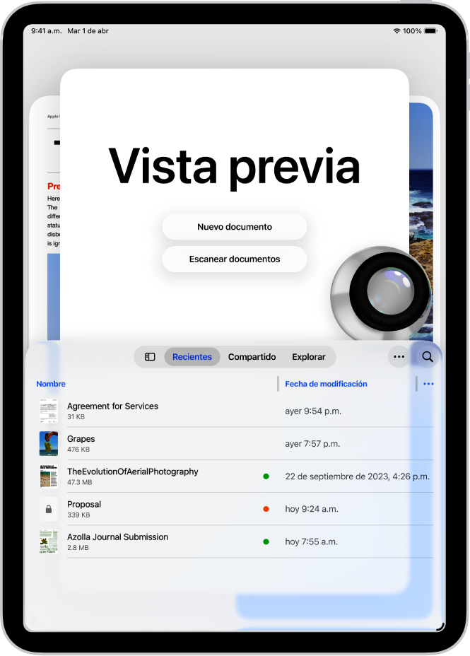 La pantalla principal de la app Vista Previa. Los botones Nuevo documento y Escanear documentos se encuentran en el centro de la pantalla. Hacia la parte inferior de la pantalla se encuentran las pestañas Recientes, Compartido y Explorar.