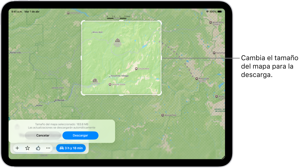 Un iPad con un mapa de un parque nacional. El parque está dentro de un rectángulo con manijas, las cuales se pueden mover para cambiar el tamaño del mapa a descargar. El tamaño de descarga del mapa seleccionado se indica cerca de la parte inferior de este. En la parte inferior de la pantalla se muestran los botones Cancelar y Descargar.