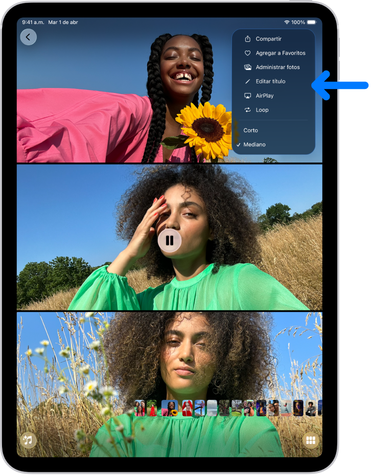 En un iPad, se reproduce una presentación en la app Fotos. En la parte superior derecha de la pantalla hay un menú desplegable con una opción para seleccionar AirPlay.