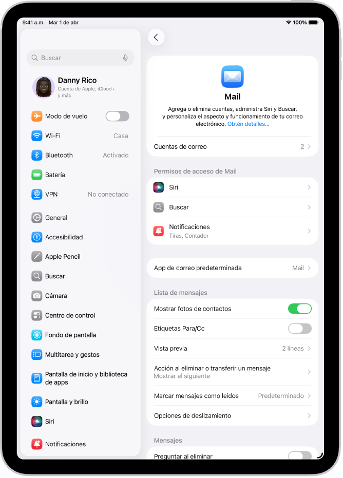 La pantalla de configuración de Mail.