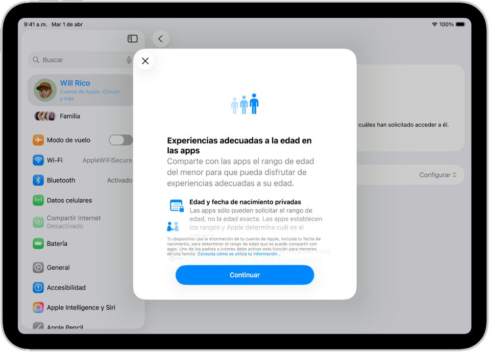 La pantalla de configuración del iPad mostrando la configuración de experiencias adecuadas para la edad en las apps, que explica cómo ayudar a los menores de edad a disfrutar de experiencias adecuadas en las apps compartiendo su - rango de edad.