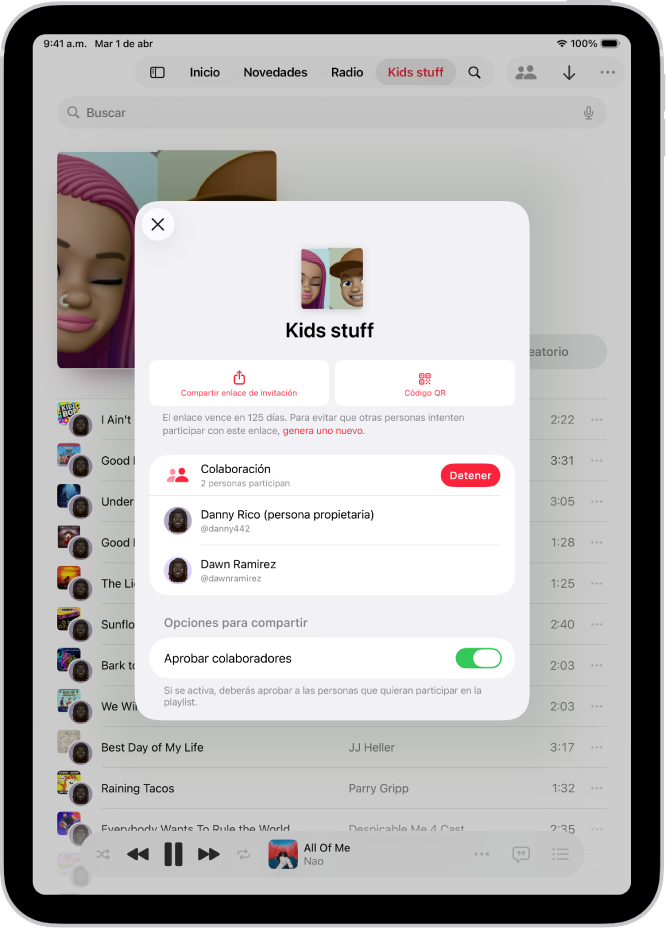 La pantalla Administrar colaboración en la app Música.