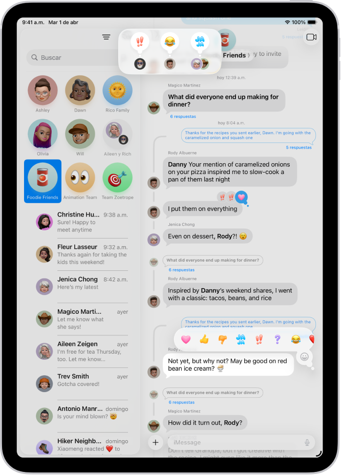 Una conversación de la app Mensajes con las atribuciones de los Tapbacks visibles cerca de la parte superior de la pantalla y el menú Tapbacks visible arriba de un mensaje.