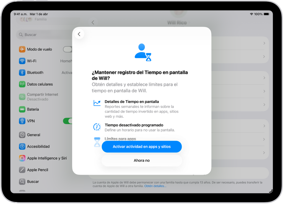 Pantalla de la app Configuración con una sobreposición que muestra que se configuró Tiempo en pantalla.