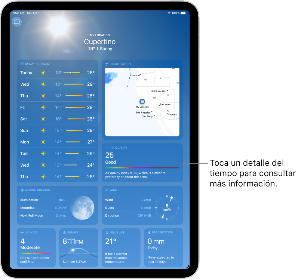 Pantalla de la app Tiempo con la ubicación en la parte superior y, debajo, la temperatura actual y la condición meteorológica. El resto de la pantalla contiene información sobre el tiempo, como el índice UV, el viento y las precipitaciones.