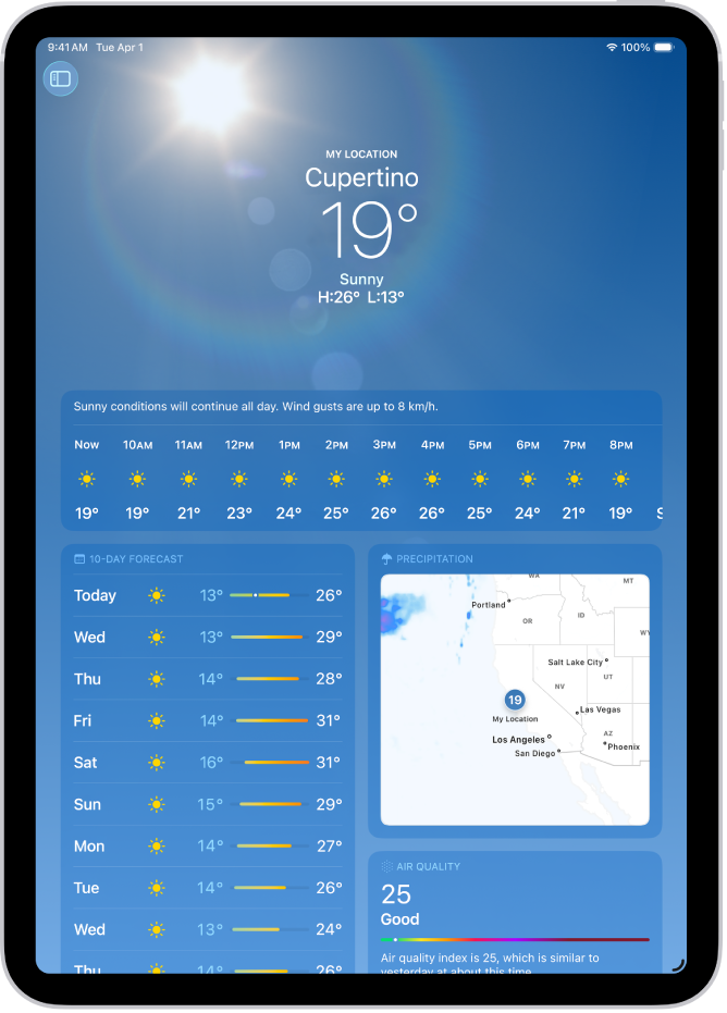 La pantalla Tiempo donde se ve lo siguiente: la ubicación, la temperatura actual, las temperaturas máxima y mínima del día, la previsión por horas y la de diez días en la parte izquierda de la pantalla, y un mapa de precipitaciones y la escala de la calidad del aire en el lado derecho de la pantalla.