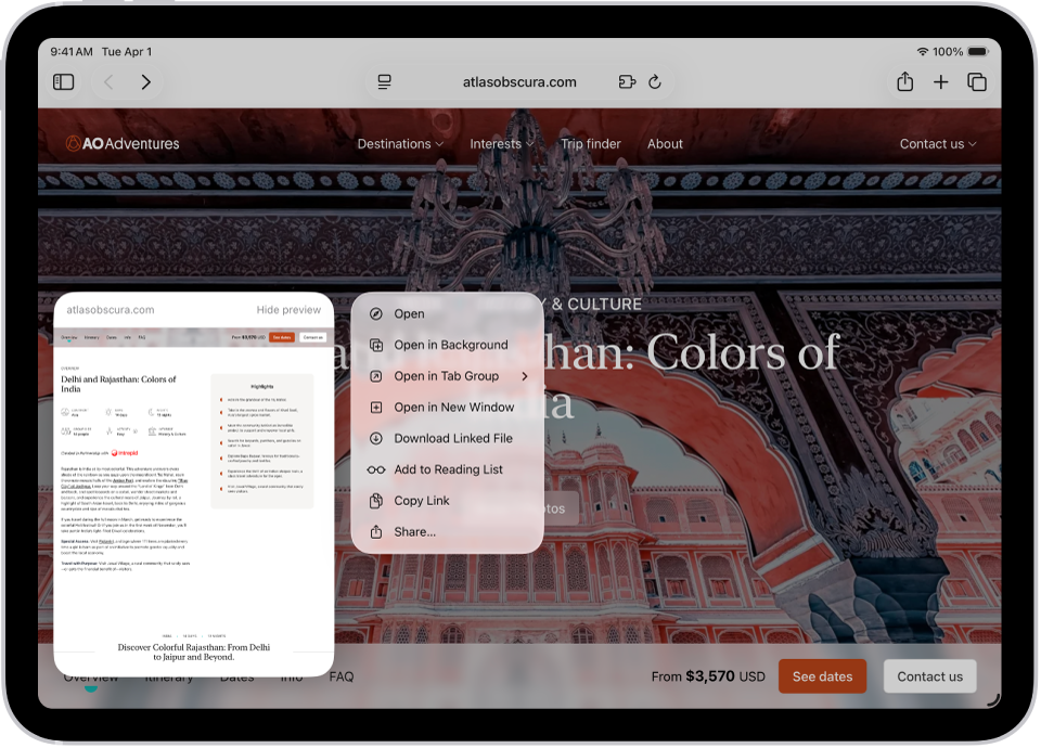 Previsualización de un sitio web. A la derecha de la previsualización hay un menú que muestra las opciones, como Abrir, “Abrir en segundo plano” o “Abrir en nueva ventana”, entre otras.