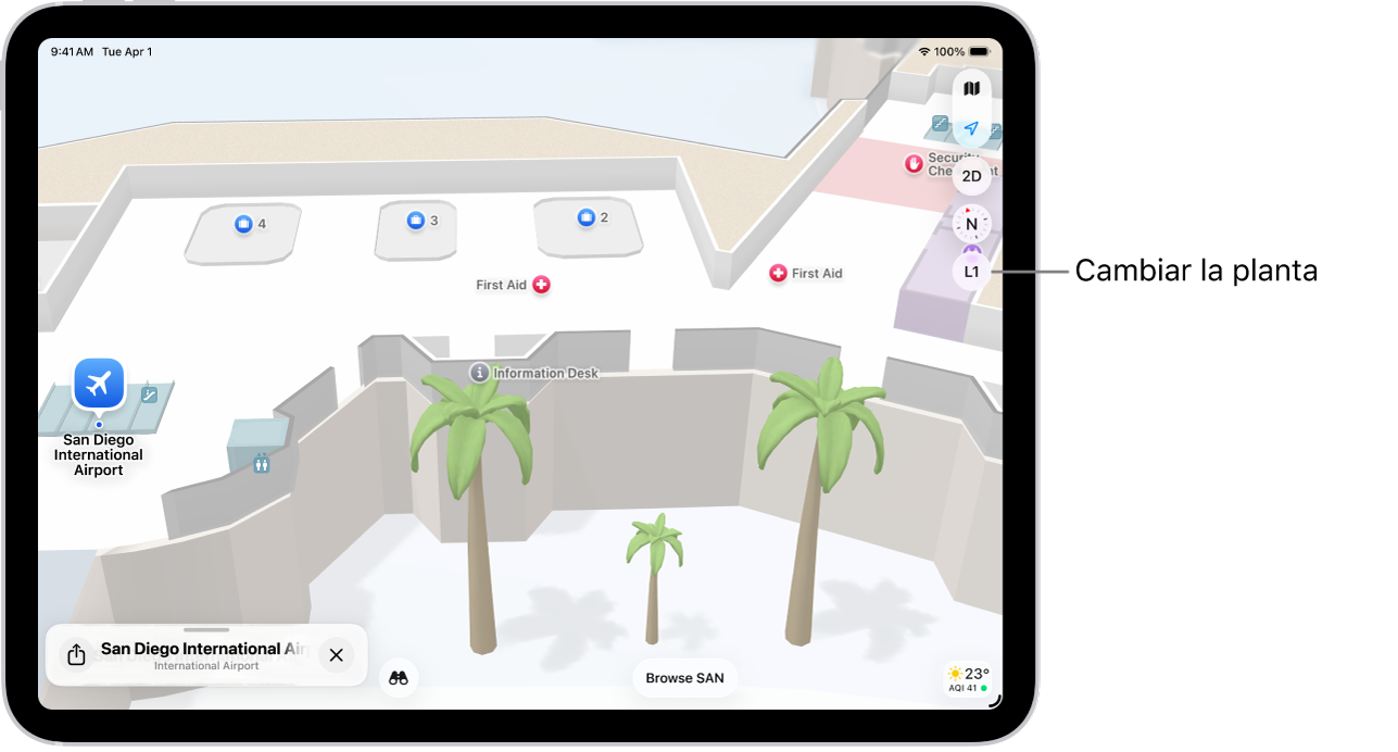 Plano de recinto de una terminal de aeropuerto. El mapa muestra una puerta de embarque, el aseo, el control de seguridad y un punto de primeros auxilios. En los mapas con varias plantas, puedes cambiar de nivel con el botón marcado como N2 (nivel 2).