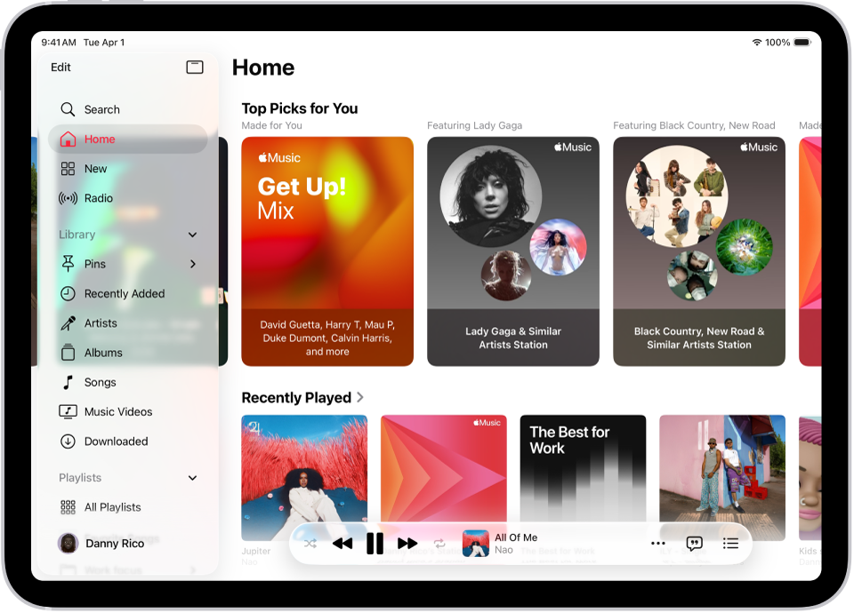 Pestaña Inicio de la app Música con la barra lateral a la izquierda y la sección Inicio a la derecha. Pestaña de inicio con “Top selecciones” en la parte superior. La música escuchada recientemente aparece debajo, con las portadas de cuatro álbumes. El minirreproductor se muestra abajo.
