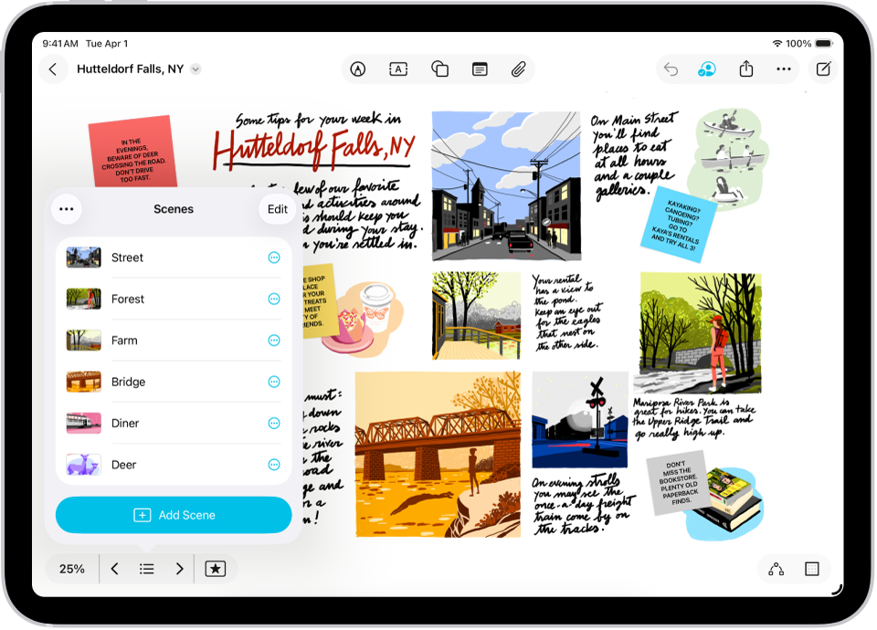 Una pizarra de la app Freeform con el navegador de escenas abierto y varias escenas guardadas.