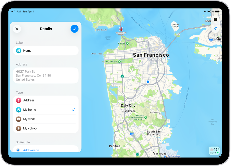 App Mapas con la pantalla Detalles con opciones para establecer una dirección como casa, trabajo o escuela.