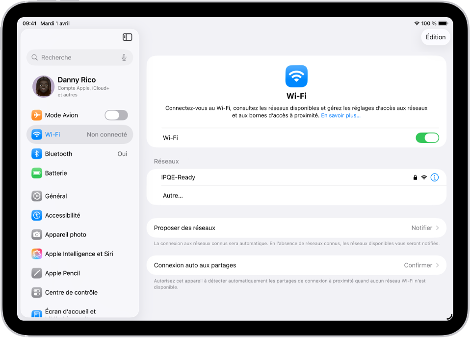 L’écran Réglages affichant les réseaux Wi-Fi disponibles.