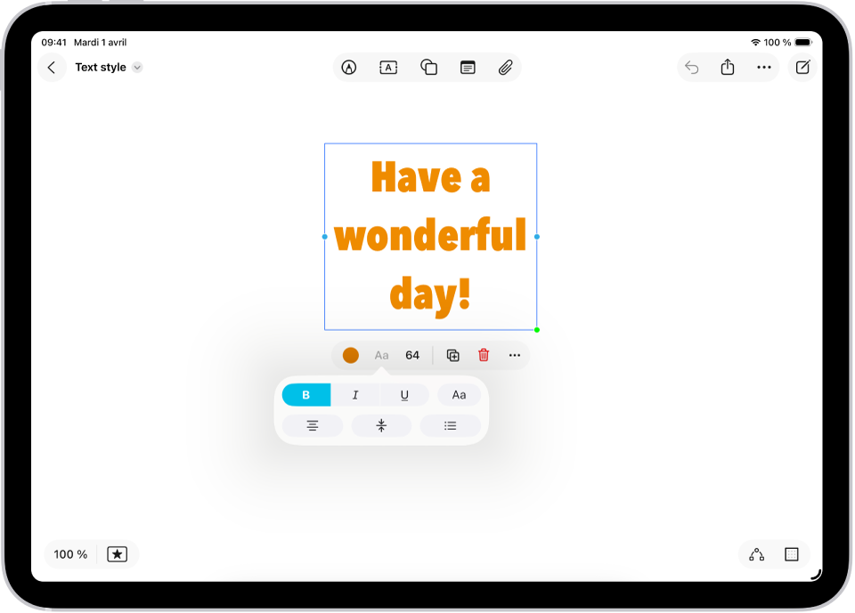 Un tableau Freeform affichant une zone de texte sélectionnée et les outils de mise en forme du texte en dessous.