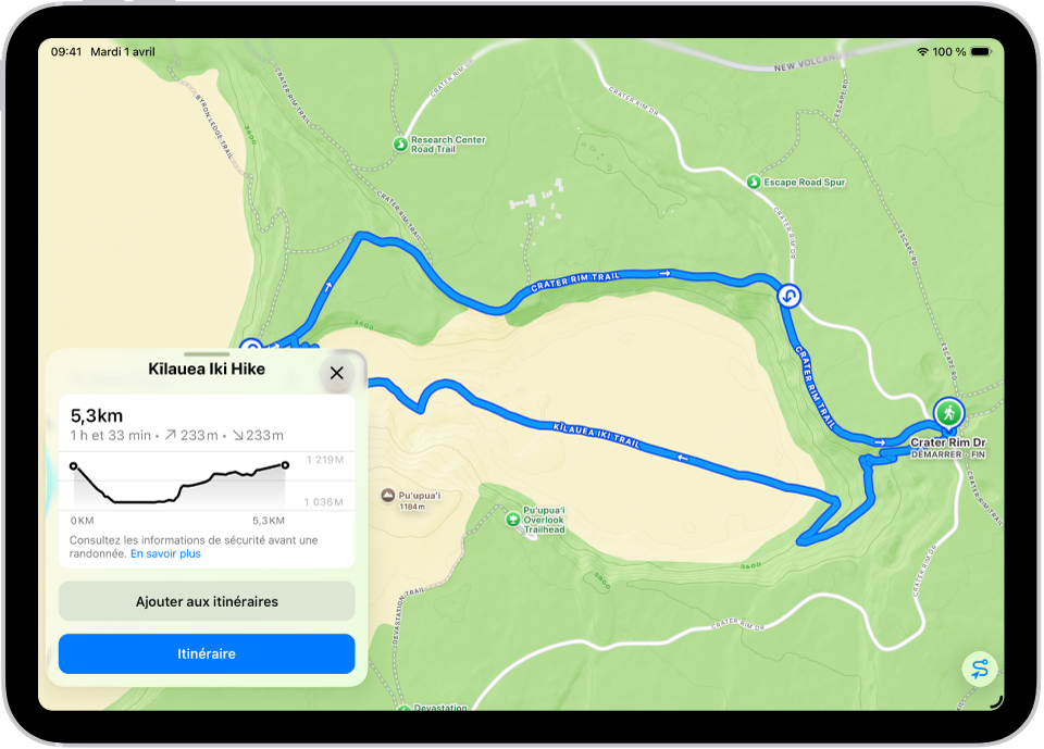 Une vue d’ensemble d’une randonnée téléchargeable, avec la distance, le profil de dénivelé, la durée estimée, ainsi que des options pour enregistrer la randonnée ou afficher l’itinéraire jusqu’au début du sentier.