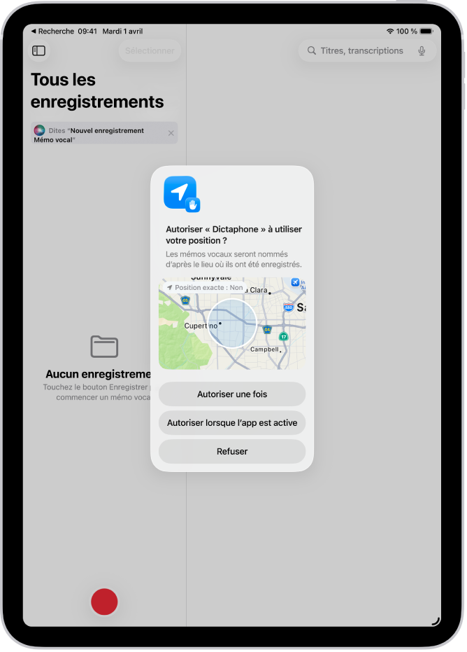 Une requête d’une app pour utiliser les données de localisation sur l’iPad. Les options sont « Autoriser une fois », « Autoriser lorsque l’app est active » et « Ne pas autoriser ».