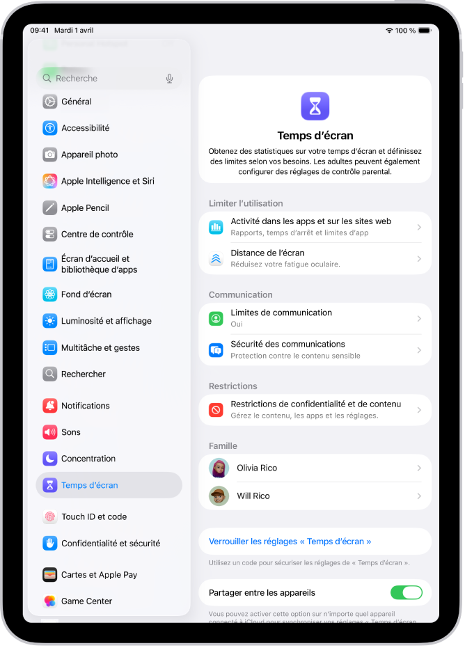 L’écran pour configurer Temps d’écran montrant que vous pouvez toucher Activité dans les apps et sur les sites web pour commencer.
