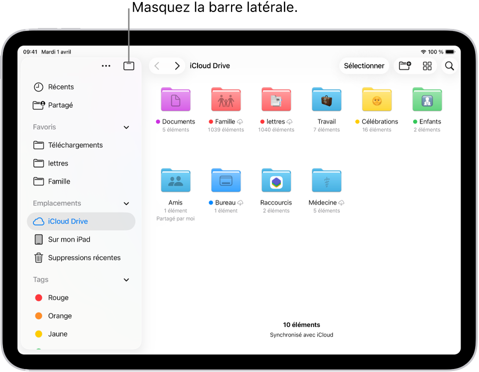 L’app Fichiers affichant les fichiers et dossiers de votre iCloud Drive. En haut de l’écran se trouvent des boutons pour sélectionner des éléments, créer un dossier, modifier la présentation (Liste, Icônes ou Colonnes), et effectuer une recherche.