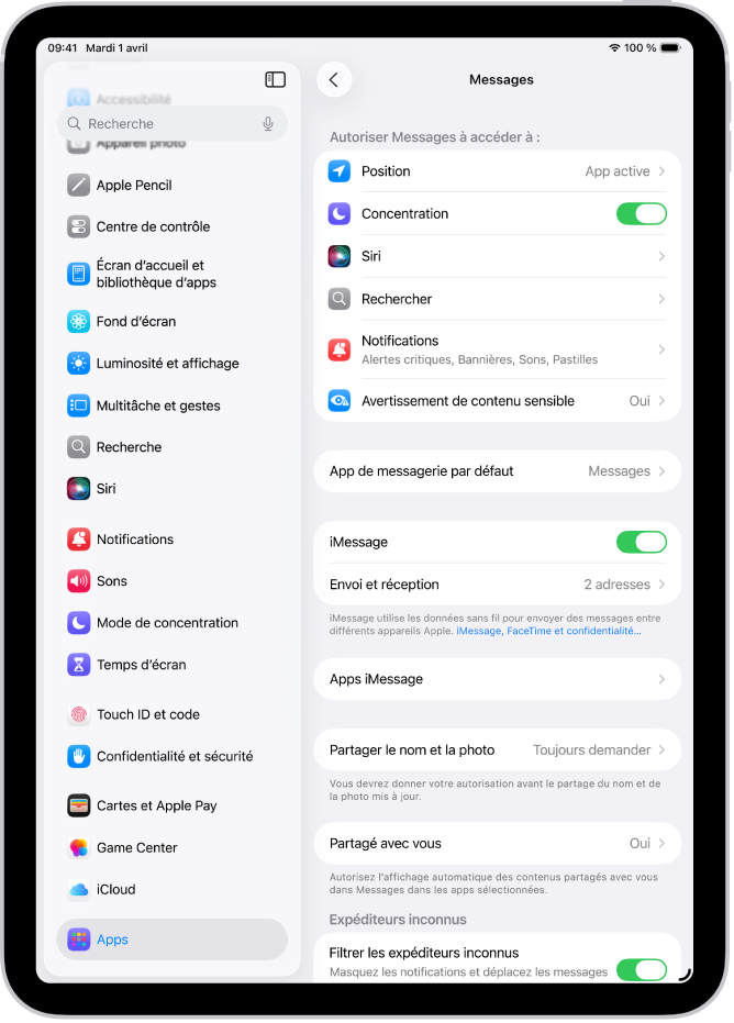 La sous-fenêtre des réglages Messages avec iMessage activé.