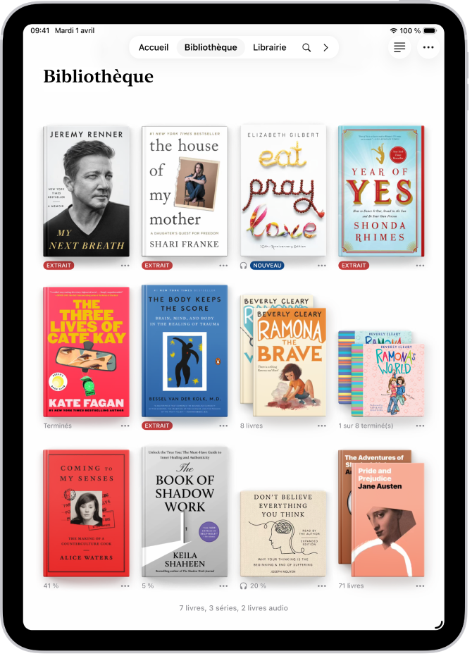 L’écran Bibliothèque dans l’app Livres.