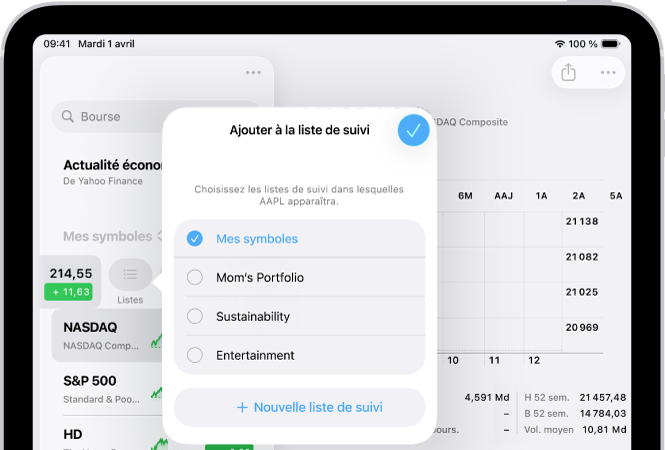 Une liste de listes de suivi personnalisées dans l’app Bourse : Mes symboles, Le portefeuille de maman, Énergies renouvelables, et Divertissement.