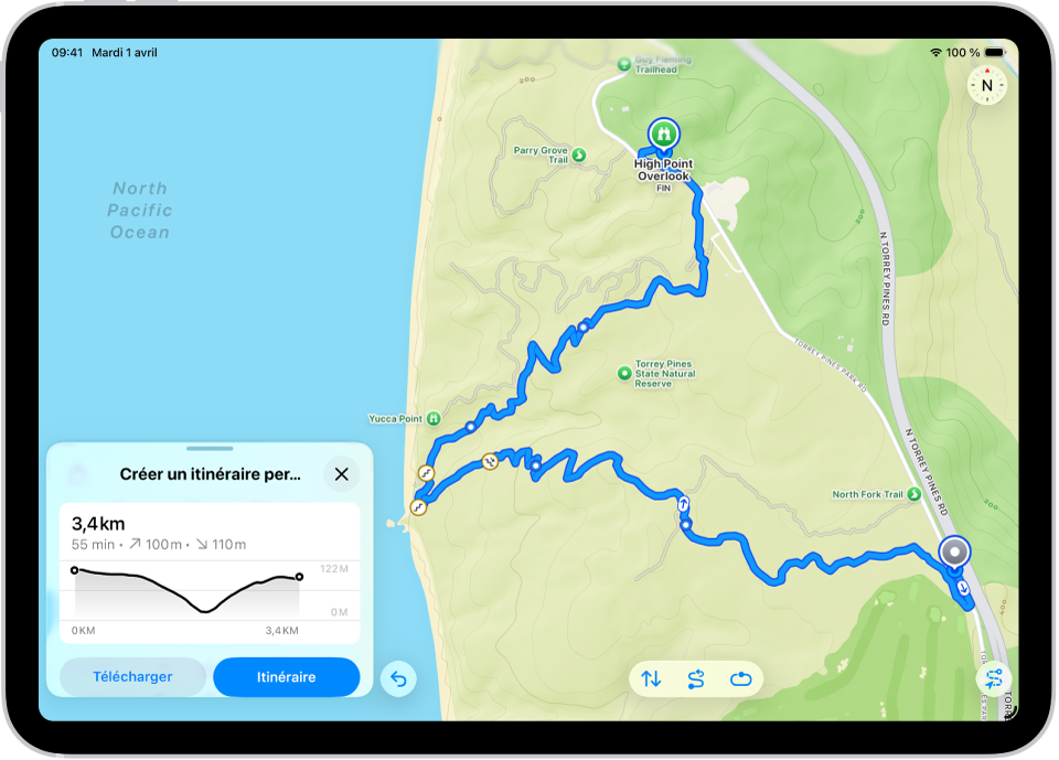 Itinéraire personnalisé dans l’app Plans, avec la distance, le profil de dénivelé, la durée estimée ainsi que des options pour enregistrer le circuit ou afficher l’itinéraire jusqu’au point de départ du sentier.