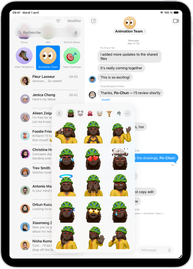 Un menu ouvert dans une conversation Messages, avec un Memoji dans diverses poses.