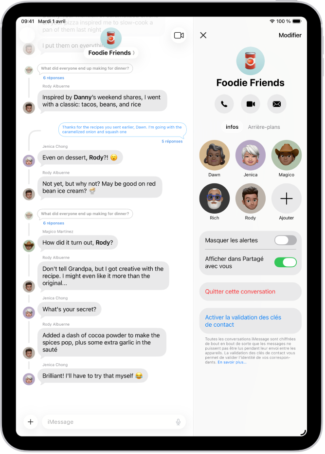 Une conversation de groupe dans Messages sur la gauche, avec les détails de la conversation de groupe ouverts sur la droite.