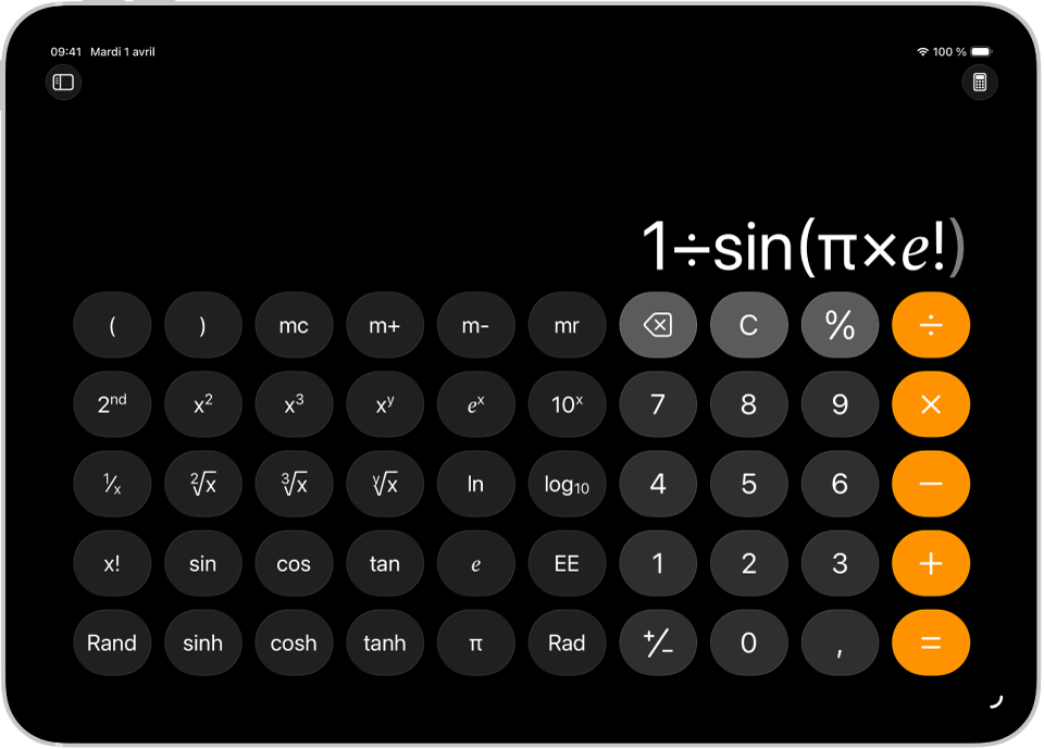L’iPad affichant la calculatrice scientifique avec la mémoire, les fonctions exponentielles, logarithmiques et trigonométriques.