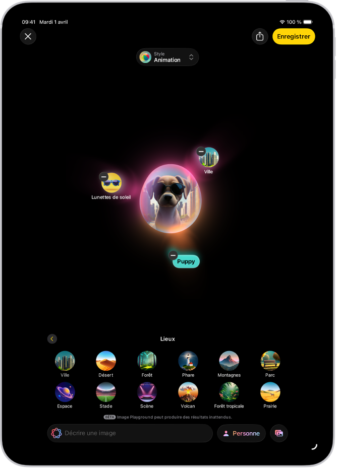 Fenêtre de l’app Image Playground affichant l’image créée d’une personne déguisée en superhéros.