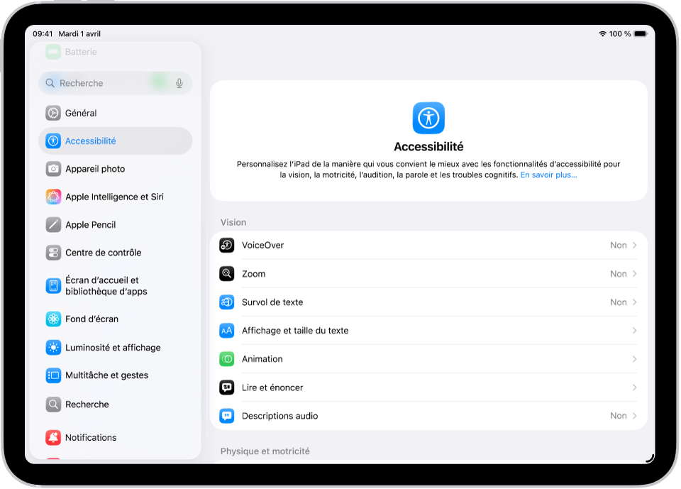 Un écran de Réglages affichant des options d’accessibilité comme VoiceOver, « Descriptions audio » et « Contrôle de sélection ».