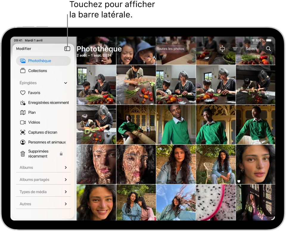 L’app Photos est ouverte et l’onglet Photothèque est sélectionné dans la barre latérale.