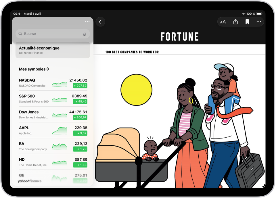 Un article économique d’Apple News dans l’app Bourse. En haut à gauche de l’article se trouve le bouton Retour permettant de revenir aux autres articles suggérés. En haut à droite se trouvent les boutons « Taille du texte », Partager, Enregistrer, et « Plus d’actions ».
