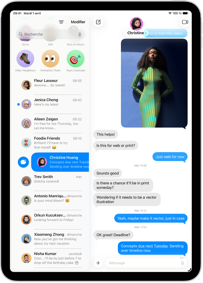 Une liste de conversations Messages avec un message non lu et un autre message en train d’être marqué comme non lu.
