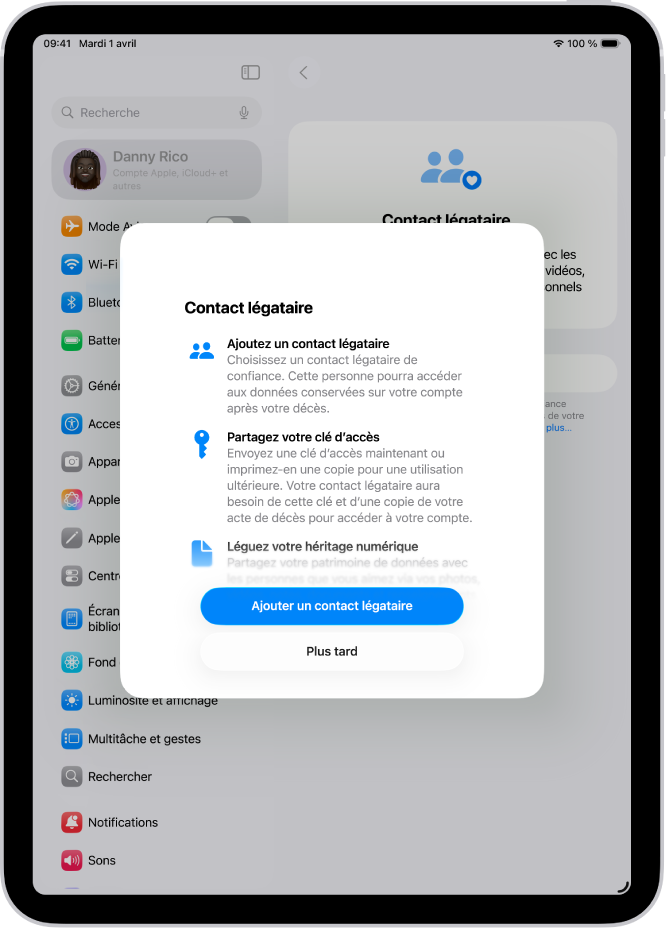 L’écran « Héritage numérique » avec des informations sur la fonctionnalité. Le bouton « Ajouter un contact légataire » se trouve en bas de l’écran.