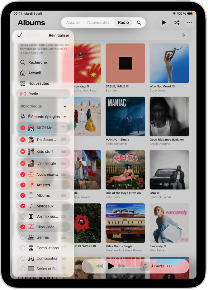 iPad en orientation portrait, avec des options de modification de la barre latérale à gauche et de la barre d’onglets en haut de l’écran.