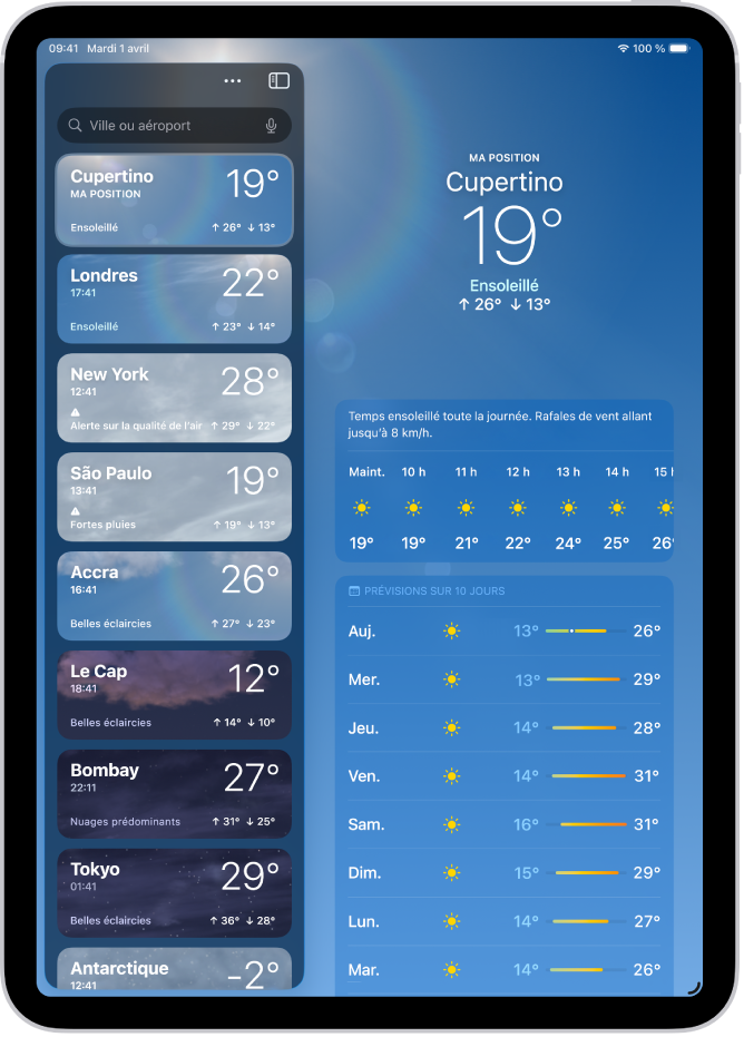 L’écran Météo affichant la barre latérale sur le côté gauche de l’écran. Dans la barre latérale figure une liste de villes affichant l’heure actuelle, la température, les prévisions et les températures minimales et maximales. En haut de la liste, l’option Ma position est sélectionnée et sur le côté droit de l’écran figurent les conditions météorologiques et les prévisions de ce lieu.