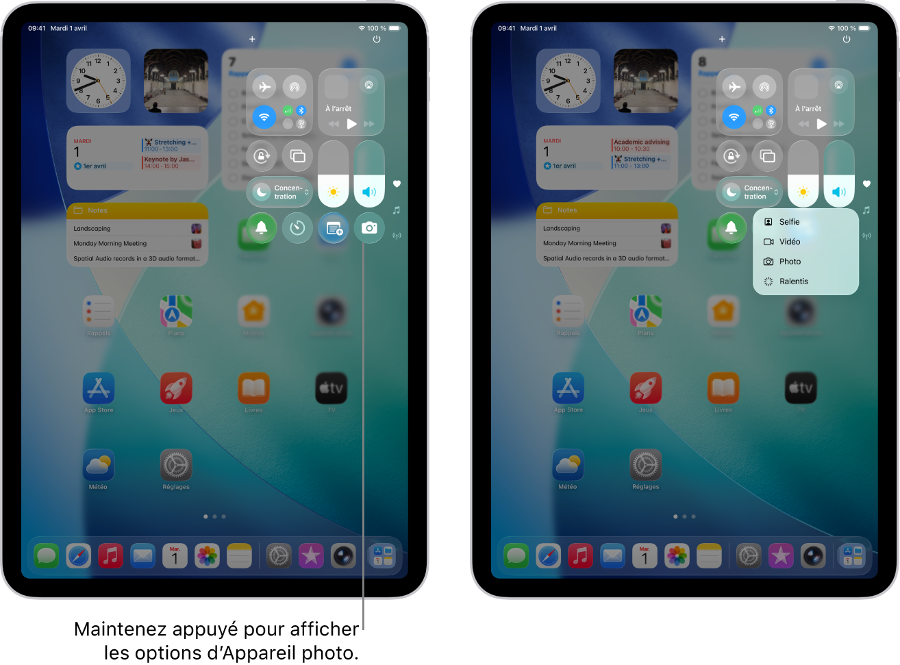 Le centre de contrôle de l’iPad. Les commandes associées au mode Avion, aux données cellulaires, au Wi-Fi et au Bluetooth se situent dans le groupe en haut à gauche du centre de contrôle pour les modèles d’iPad Wi-Fi + Cellular. La commande « Appareil photo » se trouve en bas à droite du centre de contrôle. L’écran sur la droite présente le menu des actions rapides qui s’affiche lorsque vous maintenez le doigt sur la commande « Appareil photo ».
