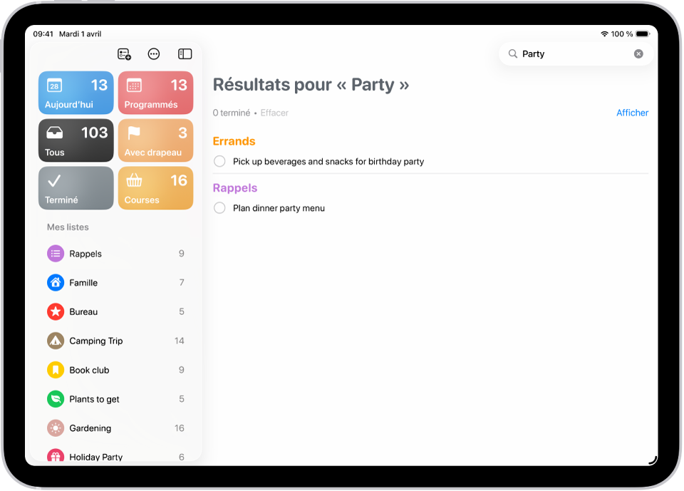 Résultats de recherche dans l’app Rappels affichant des tâches contenant le mot « fête ».