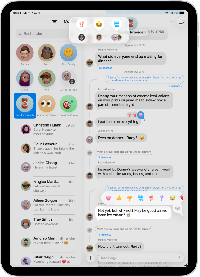 Une conversation Messages avec des attributions de tapbacks visibles en haut de l’écran et le menu Tapbacks visible au-dessus d’un messag.