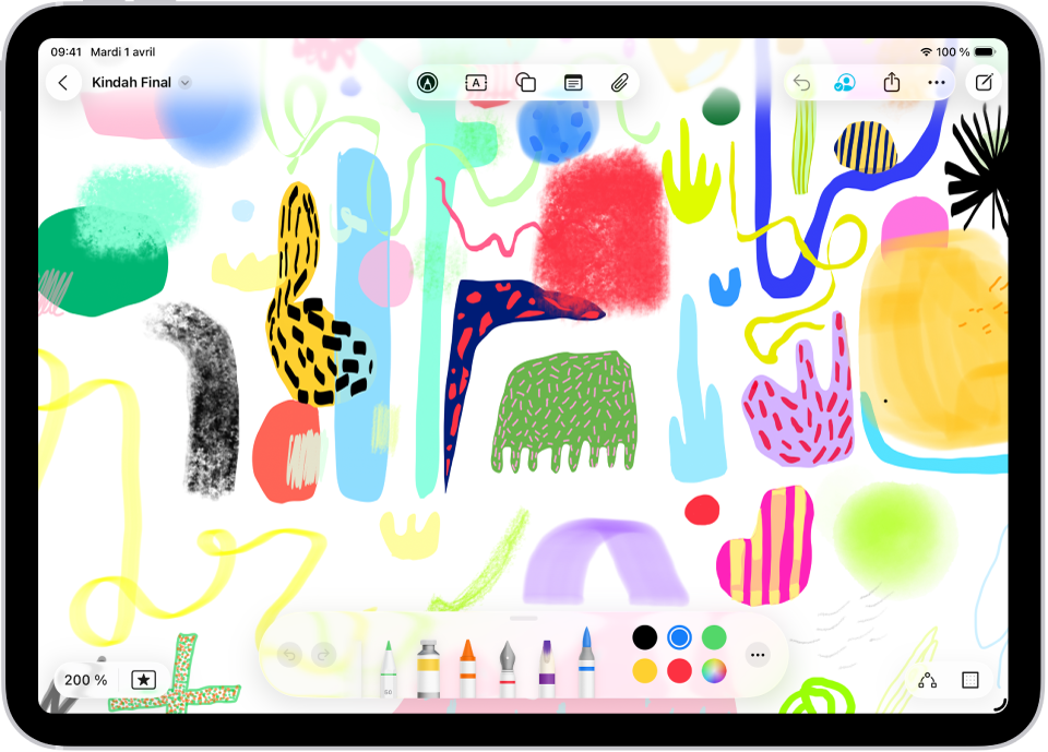 Dessins et texte manuscrit sur un tableau Freeform. Les outils de dessin apparaissent en bas de l’écran.