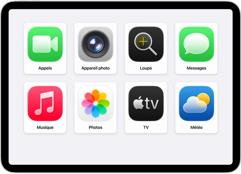 Un iPad affichant l’écran d’accueil d’« Accès d’aide », avec une grille d’apps de grande taille.