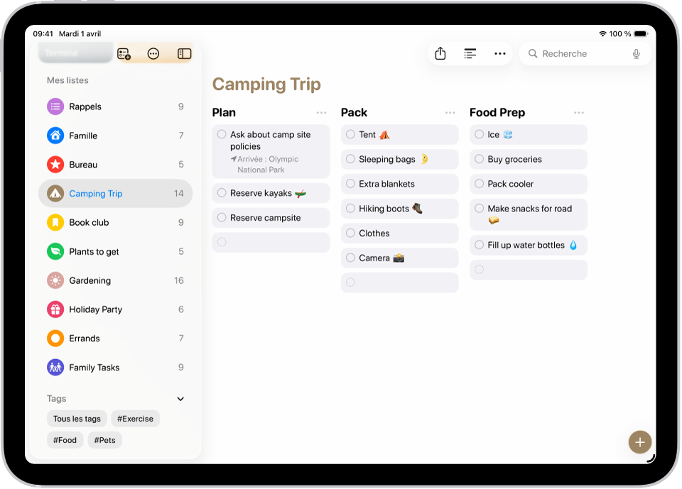 L’app Rappels, avec une liste d’affaires de camping comprenant des catégories organisées sous forme de colonnes.