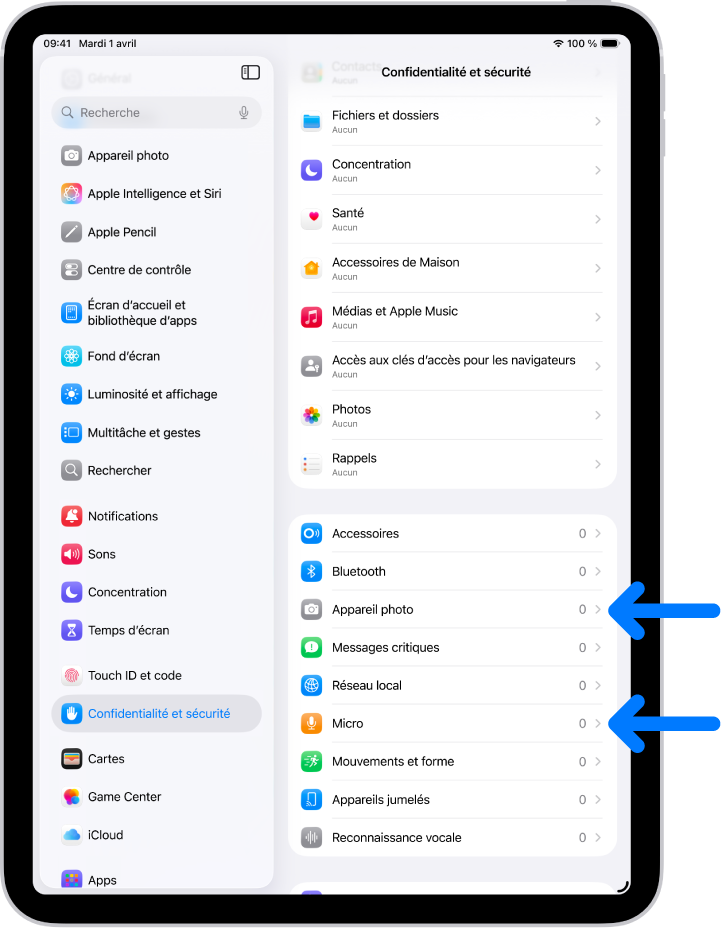 L’écran « Confidentialité et sécurité », avec des réglages permettant de contrôler les apps pouvant utiliser la caméra, le micro et d’autres parties de l’iPad.