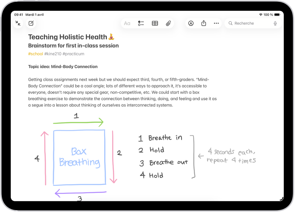 Une note pour une séance de brainstorming pendant un cours, avec des tags comme #school et #kine210. La note comprend un diagramme dessiné à la main pour un exercice de respiration carré, qui représente un cycle de respiration en quatre temps.