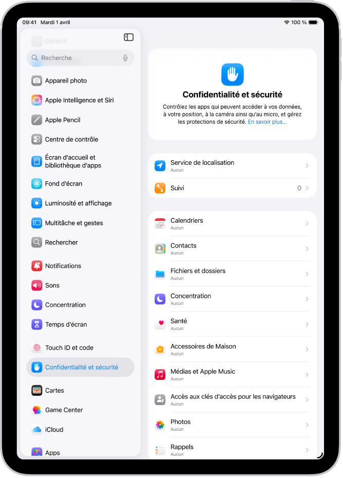 Réglages « Service de localisation » dans les réglages « Confidentialité et sécurité », avec des options permettant de partager l’emplacement de votre iPad, y compris des réglages personnalisés pour les apps individuelles.