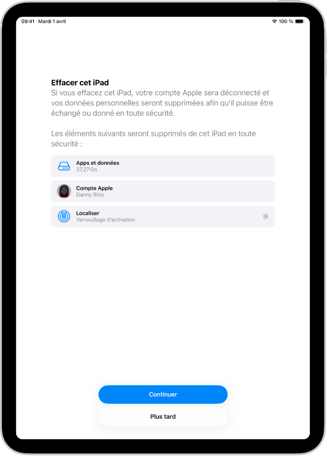 L’écran « Effacer cet iPad ».