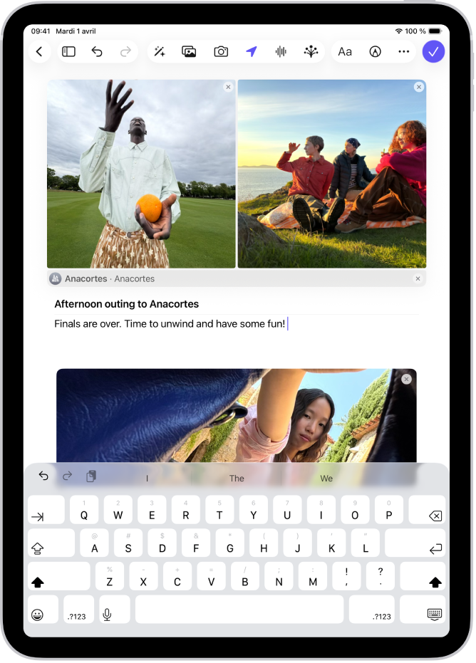 Un écran de l’app Journal avec des photos et une entrée en cours de création.